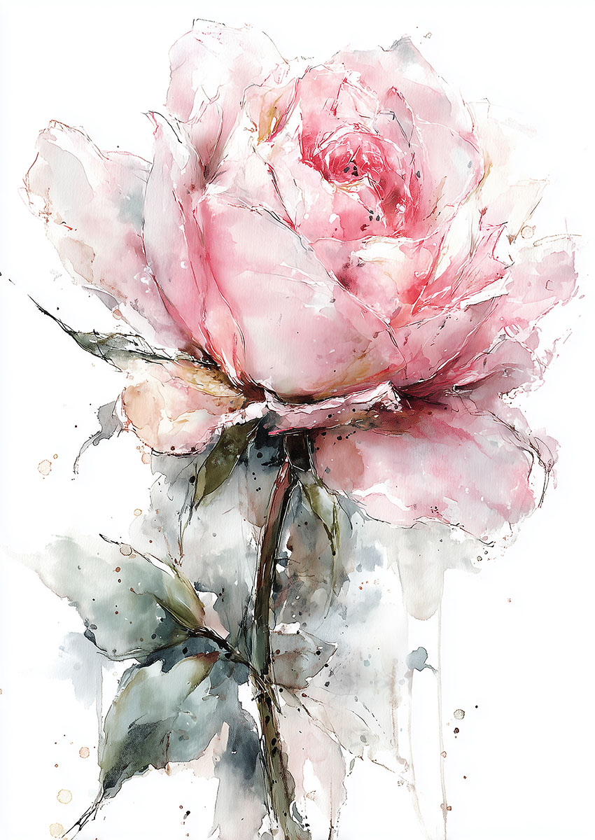 Elegant artwork of a pink rose with soft watercolour tones and intricate detailing.